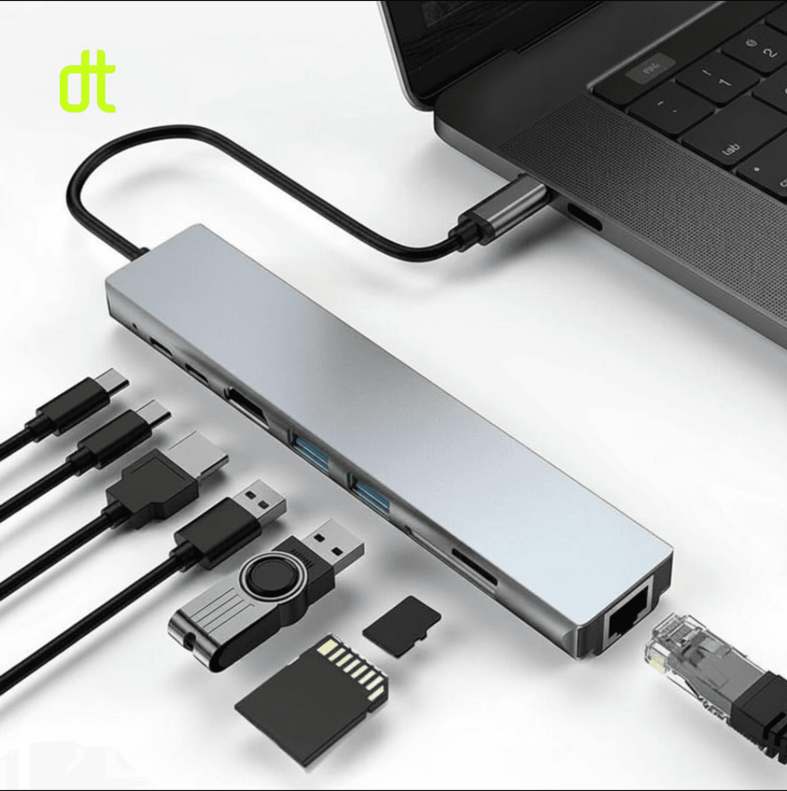 8 In 1 Type C Hub With 1x HDMI, 2x USB A, 2x USB C, RJ45 Ethernet, SD TF Card Reader For Mac Mini, Windows PC, Macbook, Laptop, Android
