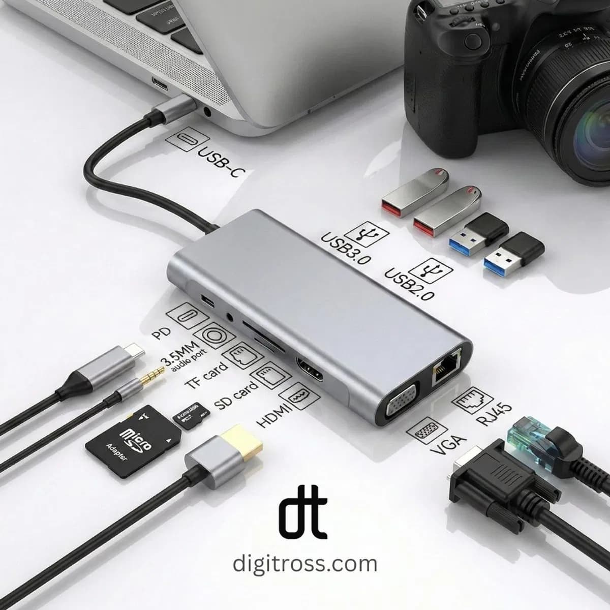 11 In 1 Type C Hub With 1x HDMI, 2x USB A, 2x USB C, RJ45 Ethernet, SD TF Card Reader For Mac Mini, Windows PC, Macbook, Laptop, Android